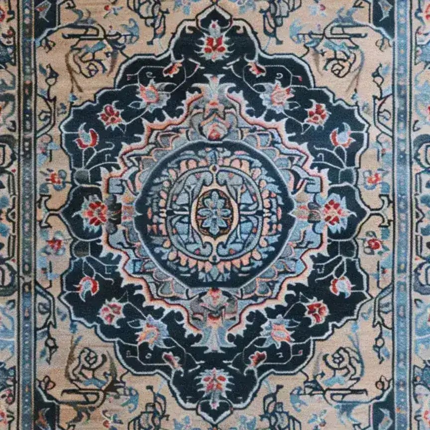 A detailed view of the Medallion Hand Tufted Rug, showcasing its intricate Persian design. This vintage wool area rug is perfect for a dining room under a dining table or as a centerpiece in a large living room. The rich, ornate patterns and traditional colors add elegance and charm to any living space.