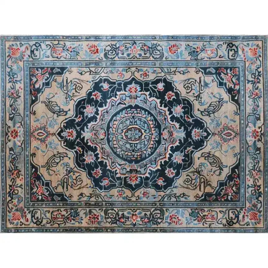 Elegant Medallion Hand Tufted Area Rug featuring intricate Persian designs in rich blue and beige tones, perfect for a dining table rug or adding a vintage touch to a large living room. This wool rug harmonizes beautifully in a dining room or living room setting.