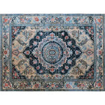 Elegant Medallion Hand Tufted Area Rug featuring intricate Persian designs in rich blue and beige tones, perfect for a dining table rug or adding a vintage touch to a large living room. This wool rug harmonizes beautifully in a dining room or living room setting.