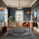 Elegant Medallion Hand Tufted Area Rug in a stylish living room setting. This vintage Persian rug, made of quality wool, complements the chic decor with a plush armchair and a decorative plant, perfect as a dining table rug or large living room centerpiece.