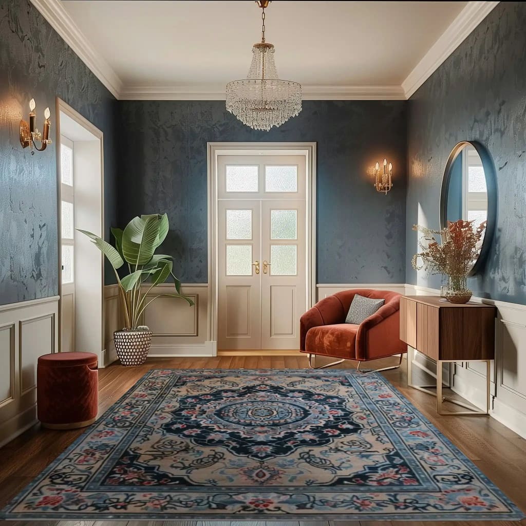 Elegant Medallion Hand Tufted Area Rug in a stylish living room setting. This vintage Persian rug, made of quality wool, complements the chic decor with a plush armchair and a decorative plant, perfect as a dining table rug or large living room centerpiece.