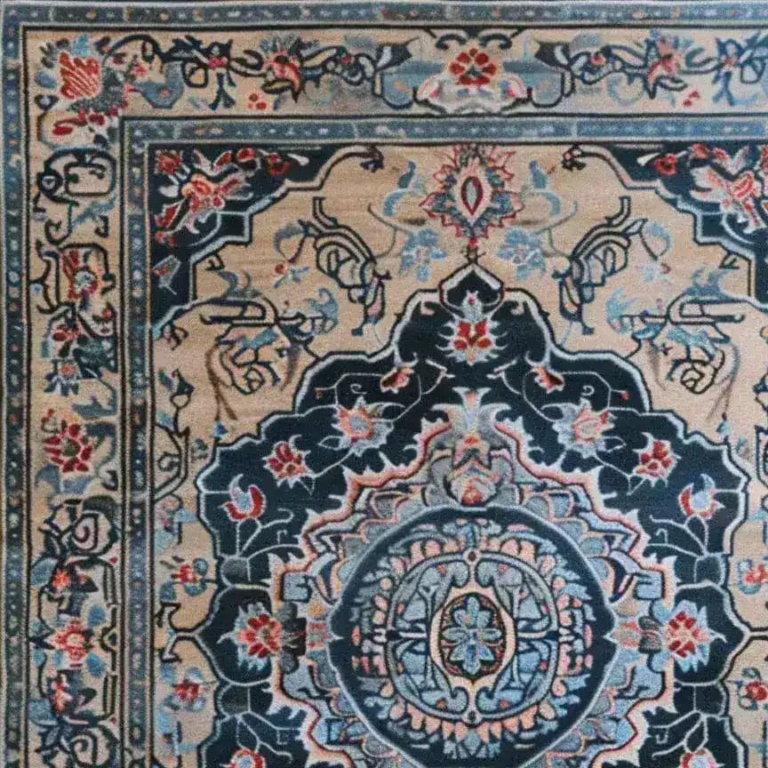 Close-up view of a Medallion Hand Tufted Rug, showcasing intricate vintage patterns in rich colors, perfect for a dining table rug or adding elegance to a large living room. This wool rug features a Persian-style design ideal for both the dining room and living room settings.