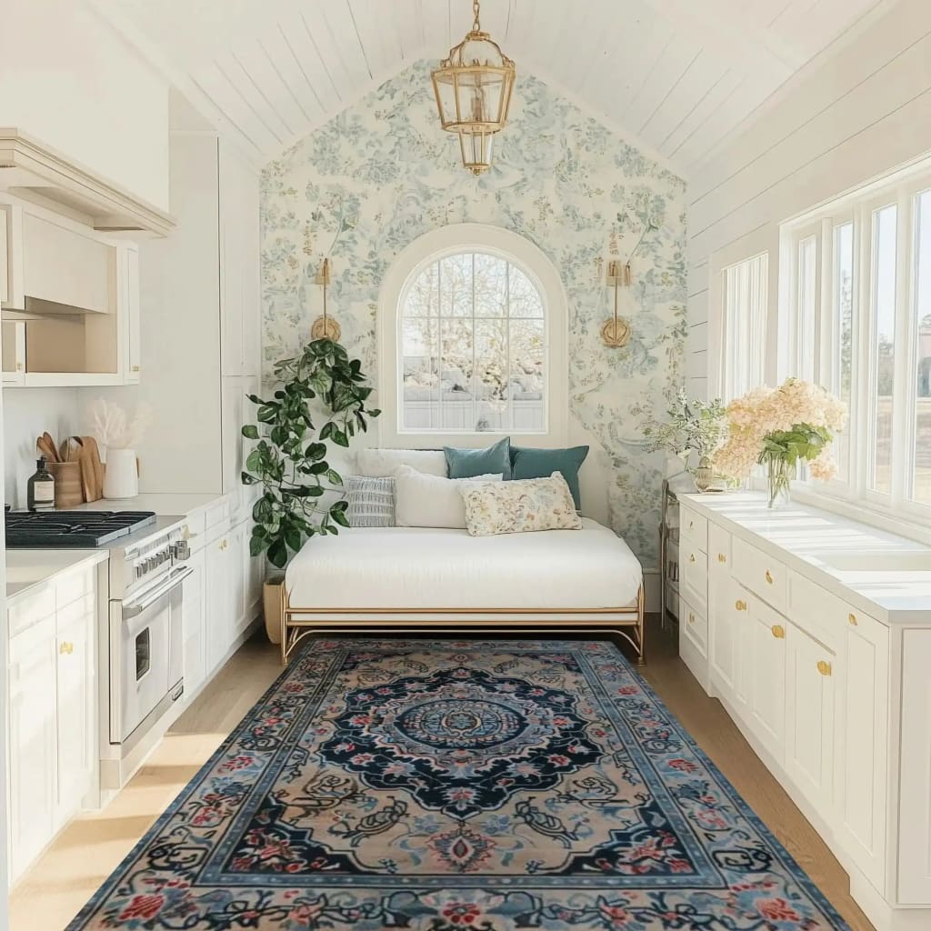 Beautiful Medallion Hand Tufted Area Rug in a bright and airy living room. This vintage wool rug adds elegance to the space, complementing the floral wallpaper and classic decor. Perfect for a dining table rug or large living room rugs, its Persian-inspired design enhances the room's charm.