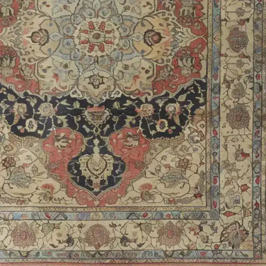 A beautifully intricate Medallion Majesty Hand Knotted Area Rug, showcasing a vintage Persian design with floral patterns in rich reds, blues, and creams. This wool rug is perfect for adding elegance to living room spaces, ideally sized for an 8x10 area.