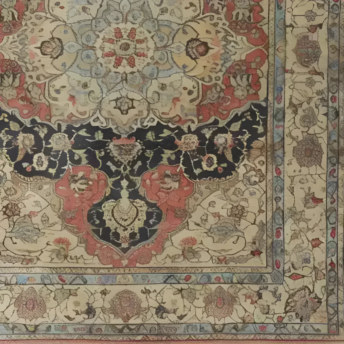 A beautifully intricate Medallion Majesty Hand Knotted Area Rug, showcasing a vintage Persian design with floral patterns in rich reds, blues, and creams. This wool rug is perfect for adding elegance to living room spaces, ideally sized for an 8x10 area.