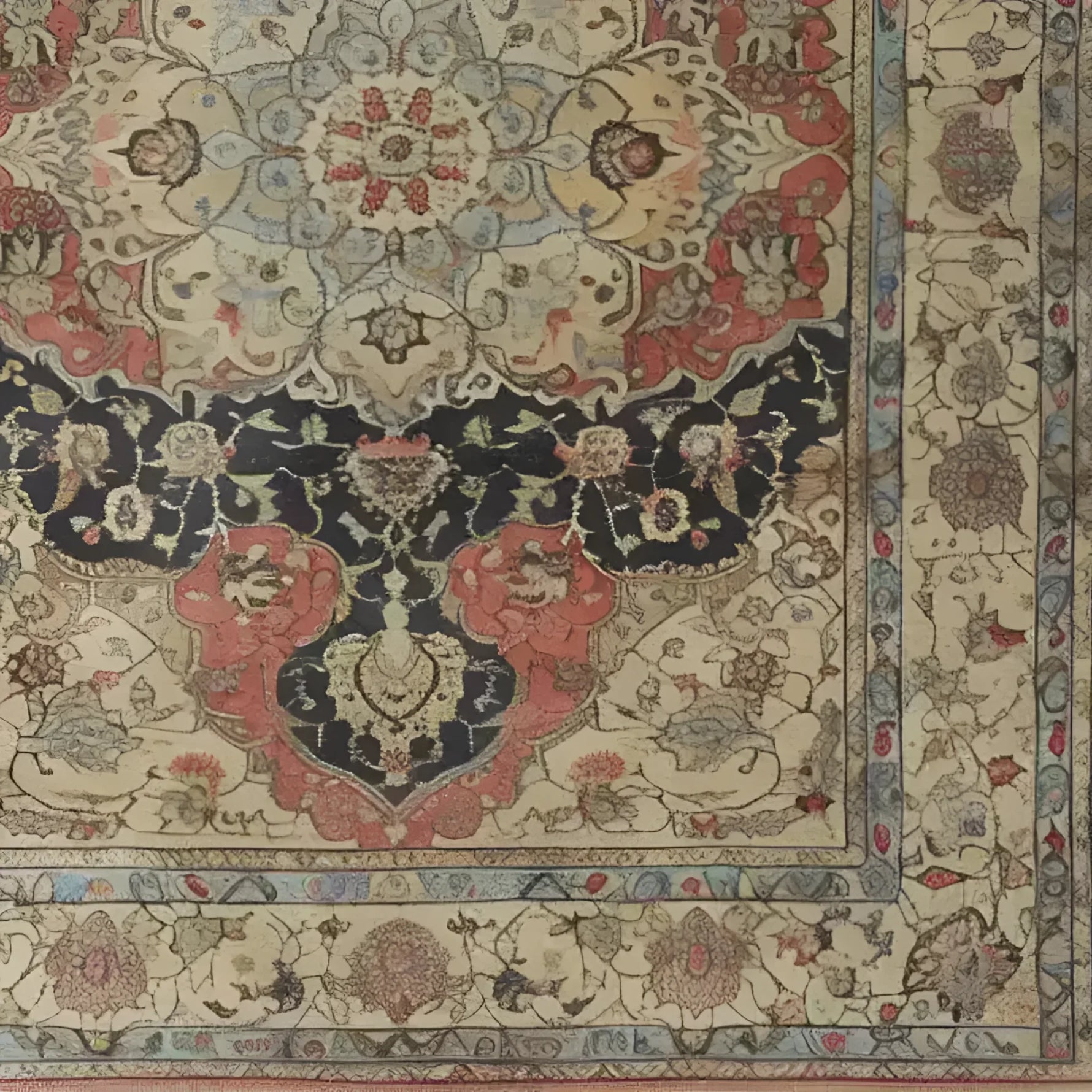 A beautifully intricate Medallion Majesty Hand Knotted Area Rug, showcasing a vintage Persian design with floral patterns in rich reds, blues, and creams. This wool rug is perfect for adding elegance to living room spaces, ideally sized for an 8x10 area.