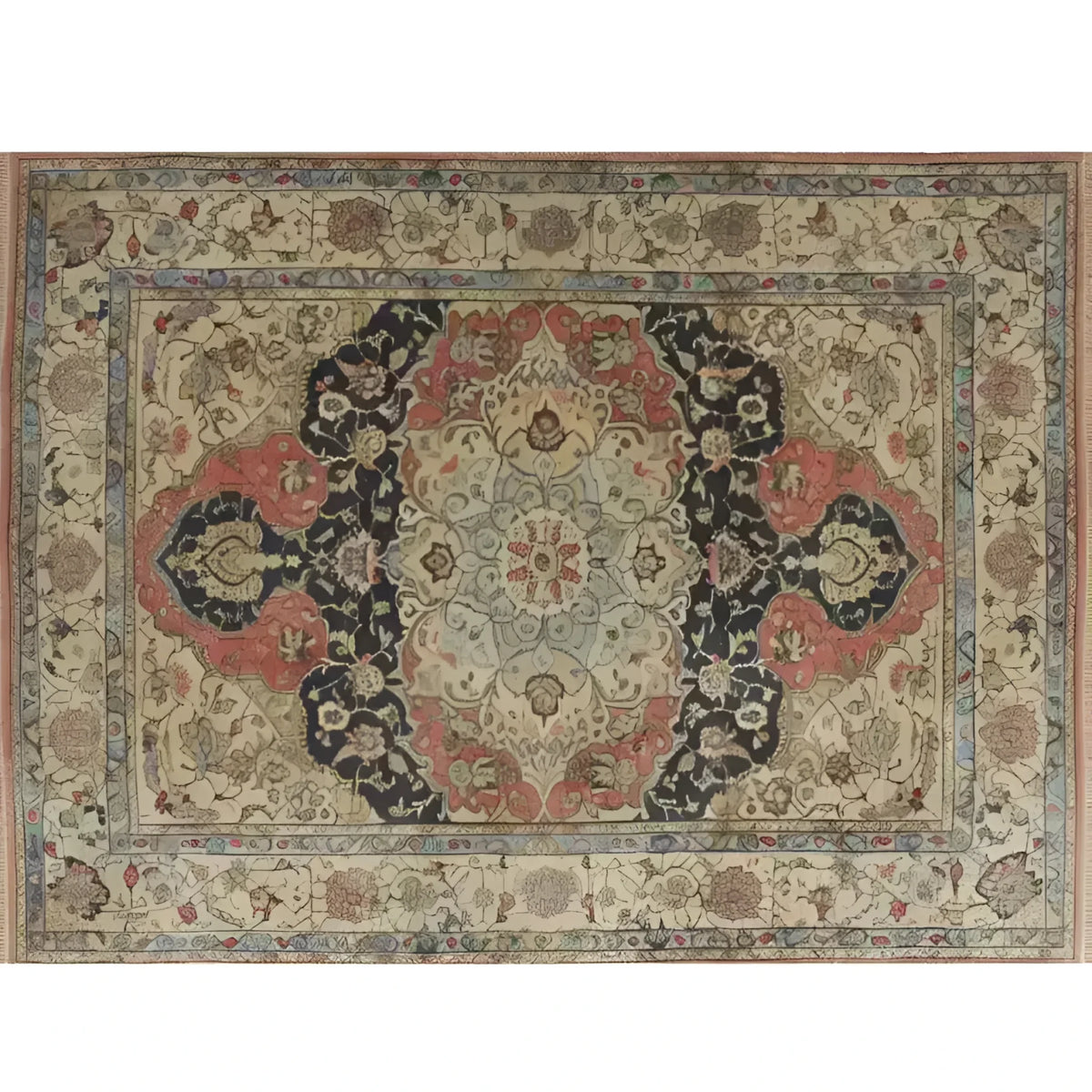 Elegant Medallion Majesty Hand Knotted Area Rug featuring a stunning floral and vintage Persian design. This 8x10 wool rug is perfect for adding a touch of sophistication to any living room, showcasing intricate patterns in rich, warm tones.