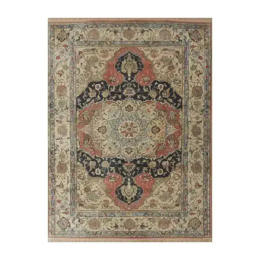 The Medallion Majesty Hand Knotted Area Rug showcases a stunning vintage design perfect for any living room. This 8x10 wool rug features intricate floral patterns and rich colors, reminiscent of classic Persian rugs, making it an elegant addition to your home decor.
