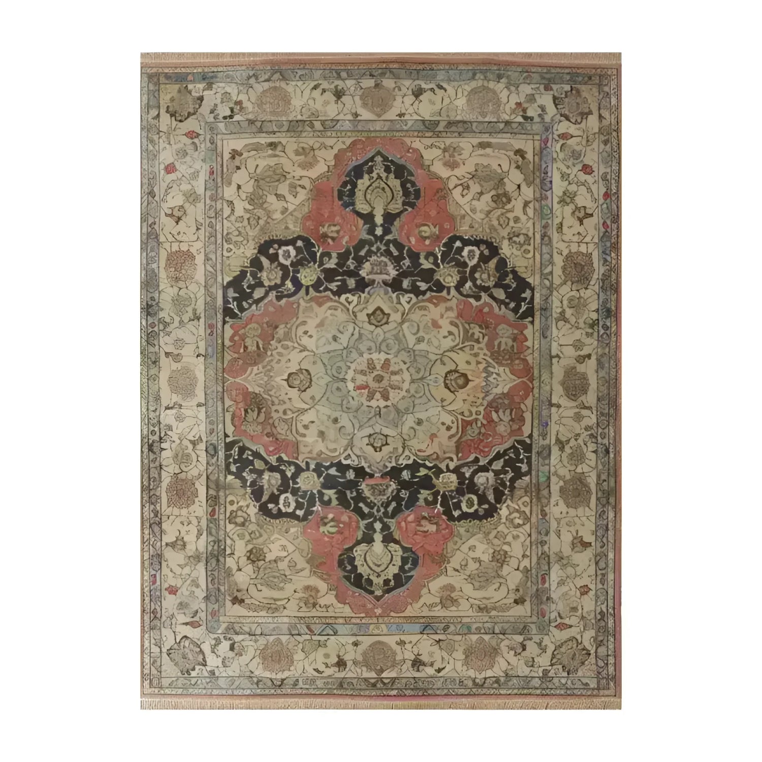 The Medallion Majesty Hand Knotted Area Rug showcases a stunning vintage design perfect for any living room. This 8x10 wool rug features intricate floral patterns and rich colors, reminiscent of classic Persian rugs, making it an elegant addition to your home decor.