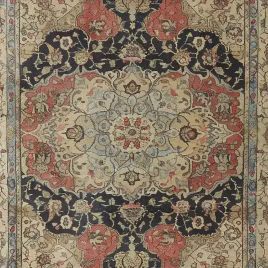 A beautifully intricate Medallion Majesty Hand Knotted Area Rug featuring a vintage Persian design. The rug showcases a floral pattern with rich red, navy, and cream colors, perfect for adding elegance to living room spaces. This 8x10 wool rug embodies the charm of traditional living room area rugs, ideal for those seeking a classic yet luxurious touch.