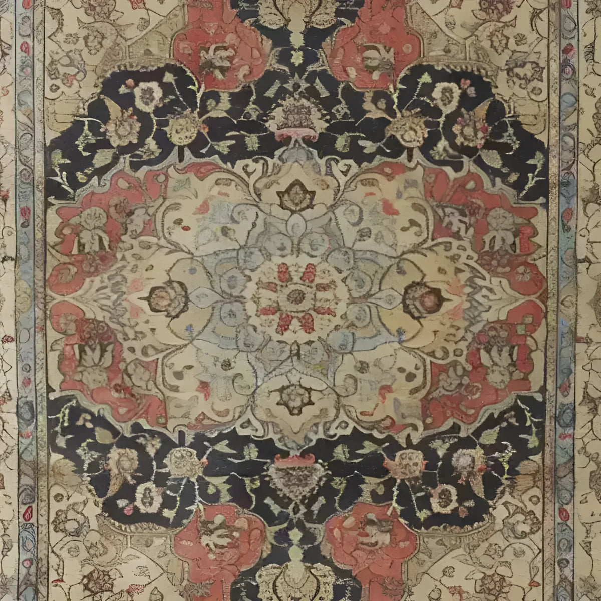 A beautifully intricate Medallion Majesty Hand Knotted Area Rug featuring a vintage Persian design. The rug showcases a floral pattern with rich red, navy, and cream colors, perfect for adding elegance to living room spaces. This 8x10 wool rug embodies the charm of traditional living room area rugs, ideal for those seeking a classic yet luxurious touch.