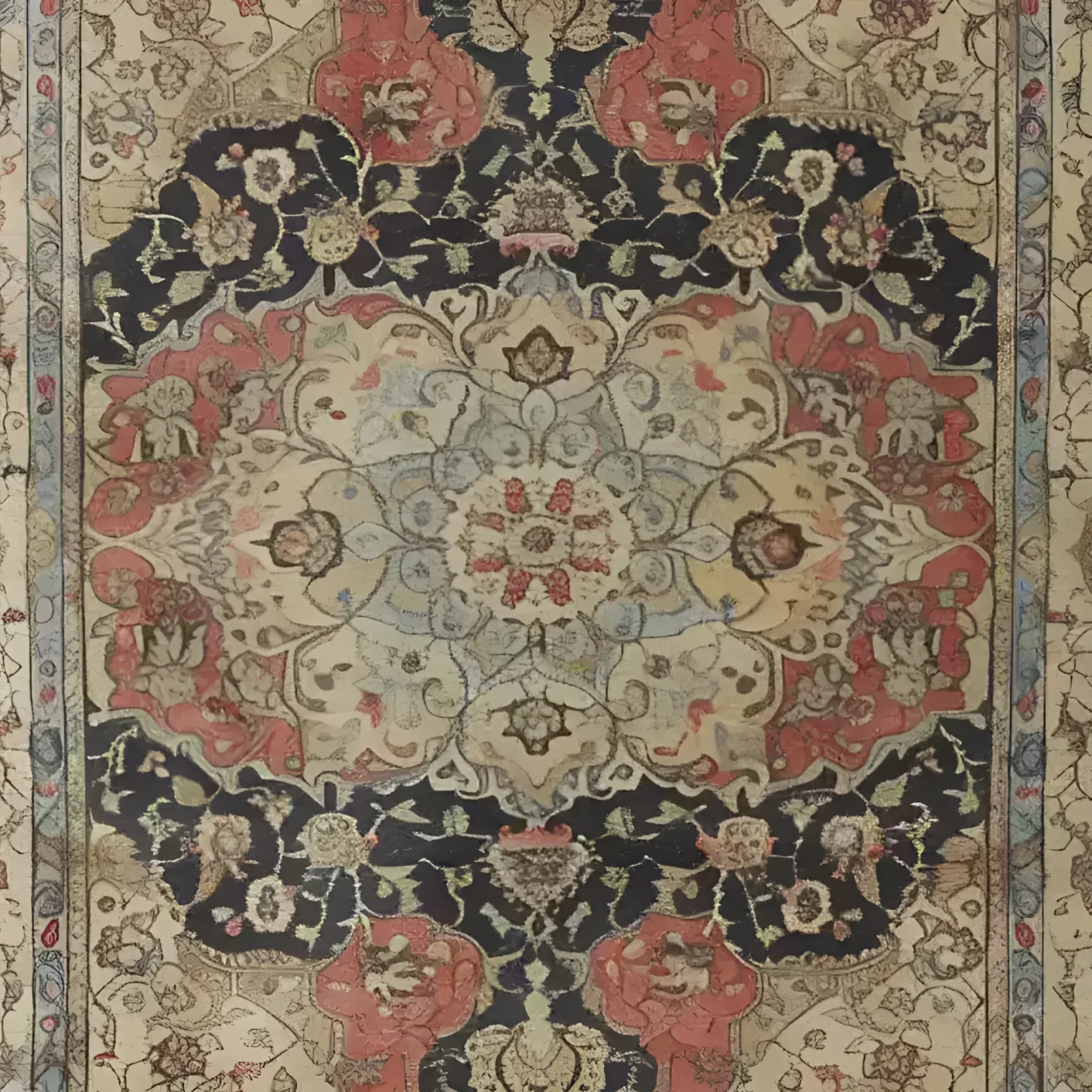 A beautifully intricate Medallion Majesty Hand Knotted Area Rug featuring a vintage Persian design. The rug showcases a floral pattern with rich red, navy, and cream colors, perfect for adding elegance to living room spaces. This 8x10 wool rug embodies the charm of traditional living room area rugs, ideal for those seeking a classic yet luxurious touch.