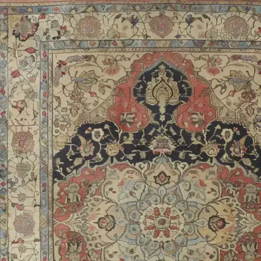 Close-up of the Medallion Majesty Hand Knotted Area Rug showcasing intricate floral and vintage Persian designs. This wool rug is perfect for adding a touch of elegance to your living room. Ideal as a living room area rug, it measures 8x10 and features a classic pattern with rich colors.