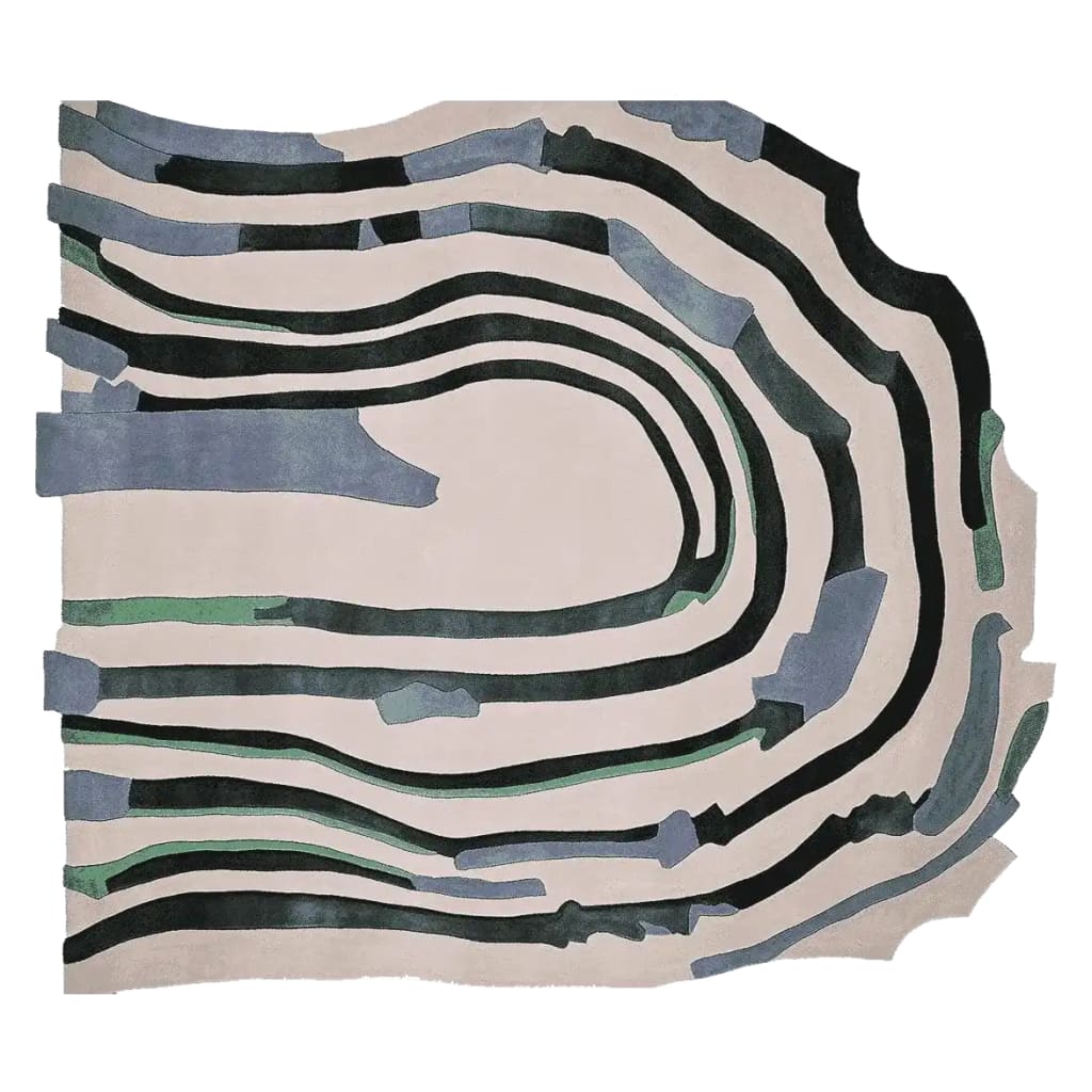 A contemporary area rug with an abstract design featuring flowing black, blue, and green stripes on a beige background. This wool rug is perfect for modern living spaces, especially as an 8x10 rug for the living room.