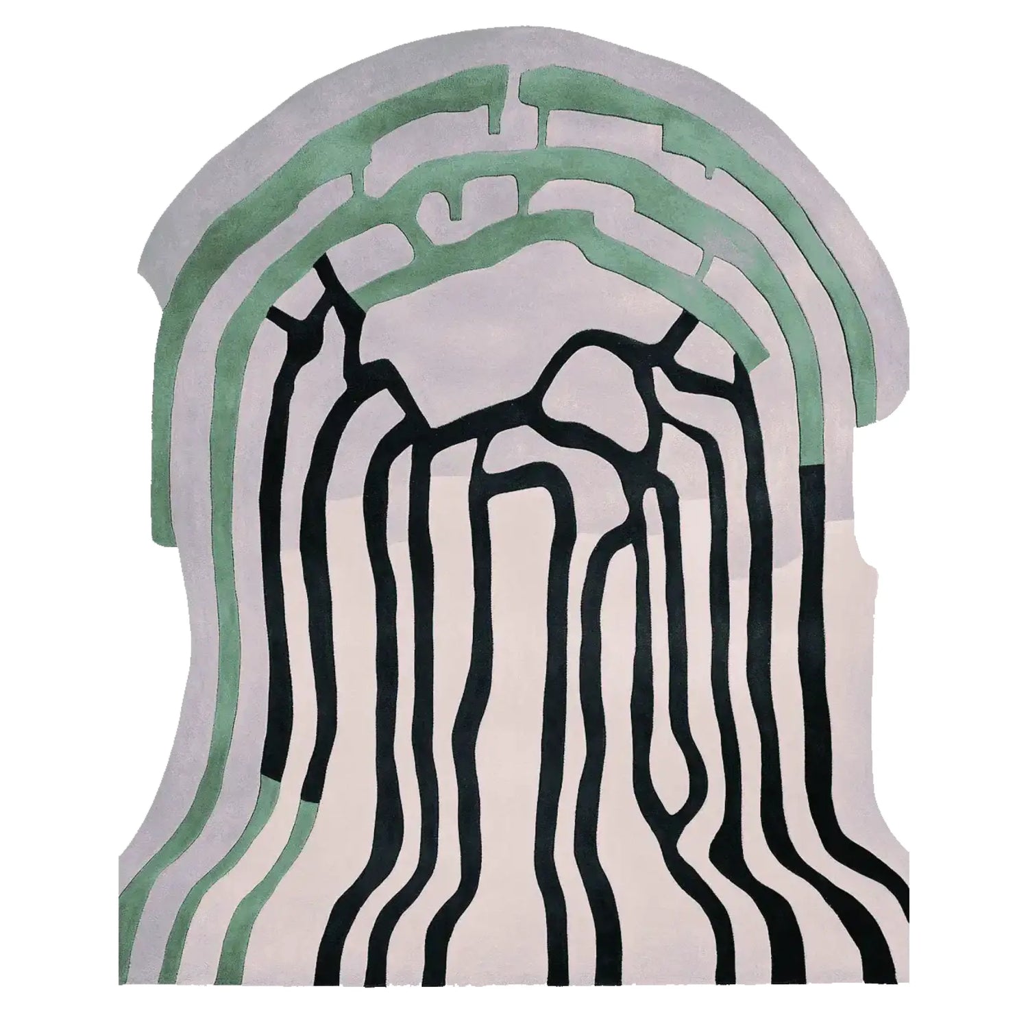 Top view of the Meltdown Map Hand Tufted Rug, a contemporary area rug featuring an abstract design with flowing black lines and green accents, perfect for modern living room decor. This wool rug fits well as a living room area rug, especially in an 8x10 size.
