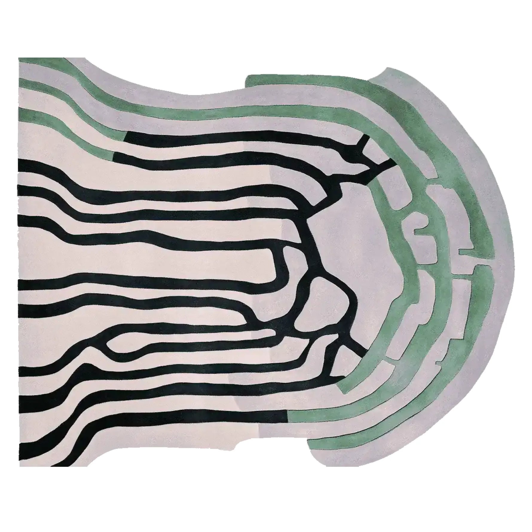 A stylish Area Rug featuring an abstract design in black and green on a light background. This contemporary rug is perfect for adding a touch of modern elegance to living room area rugs. Made from high-quality wool, this living room rug in an 8x10 size offers both durability and sophistication.