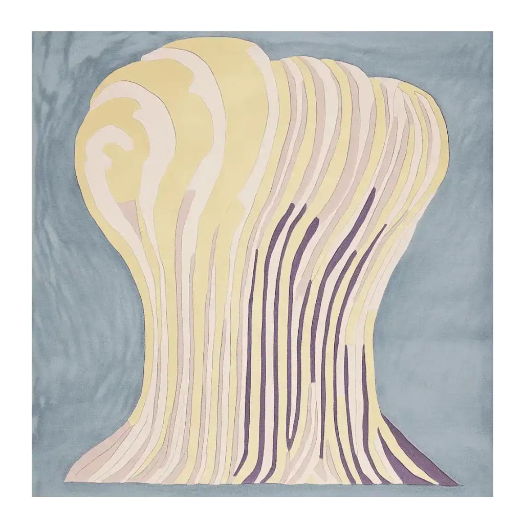 This image showcases a contemporary, hand-tufted wool rug titled 'Melting Bloom Column.' The square area rug features an abstract design with flowing, cream and lavender patterns set against a soft blue background. Perfect as an area rug for a living room, this square rug adds a modern artistic touch to any space.