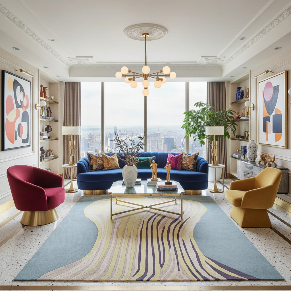 Modern living room with colorful decor, including a blue sofa, red armchair, a contemporary hand-tufted wool rug, and yellow chair.