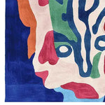 Top view of a contemporary square area rug featuring a melting face design in vibrant colors. The wool rug showcases an abstract pattern with hues of blue, orange, red, green, and cream, perfect for adding an artistic touch to living room decor.