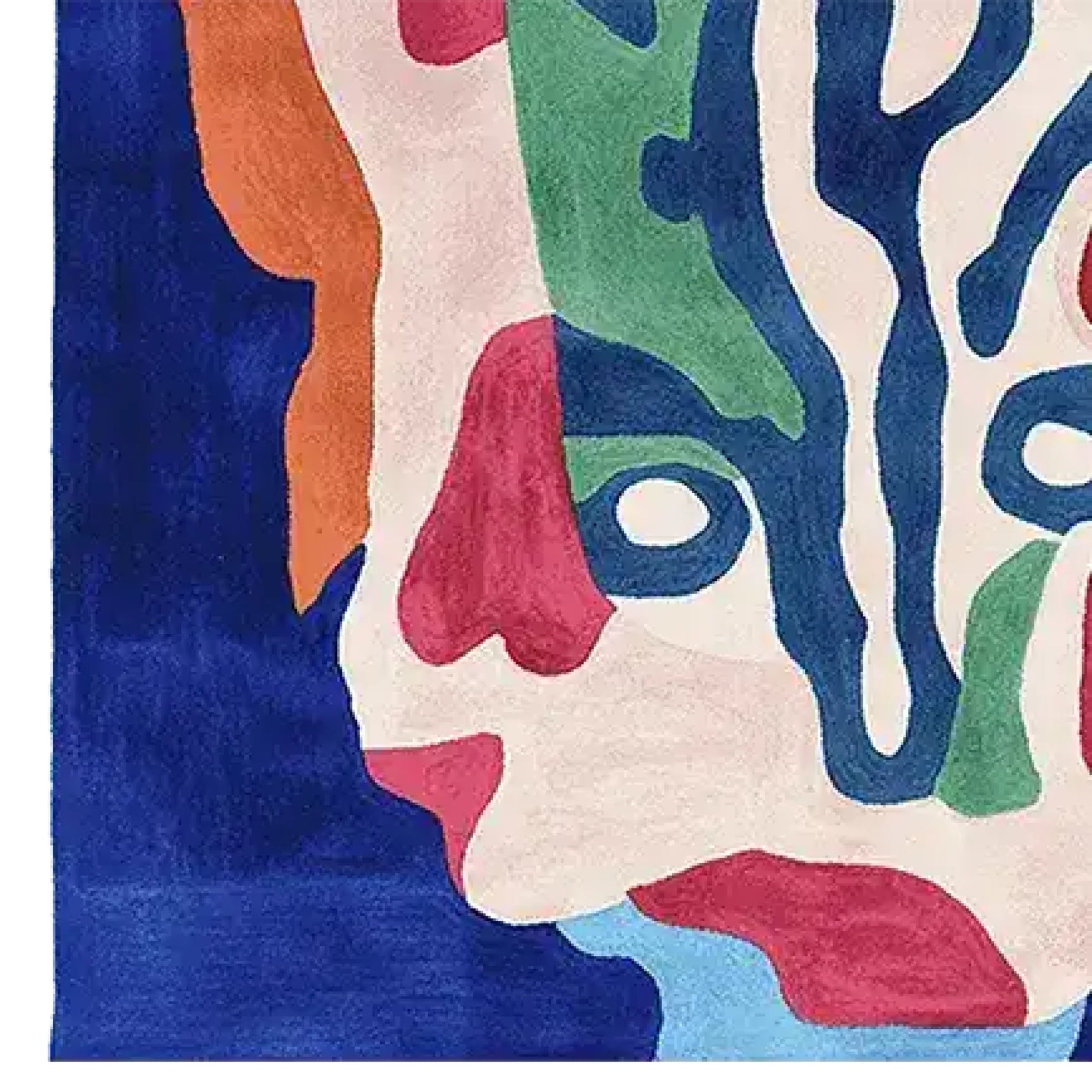 Top view of a contemporary square area rug featuring a melting face design in vibrant colors. The wool rug showcases an abstract pattern with hues of blue, orange, red, green, and cream, perfect for adding an artistic touch to living room decor.