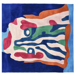 A vibrant, contemporary wool area rug featuring an abstract design resembling a melting face in bold colors. This square rug is perfect for adding a unique touch to any living room, combining artistic flair with comfort.