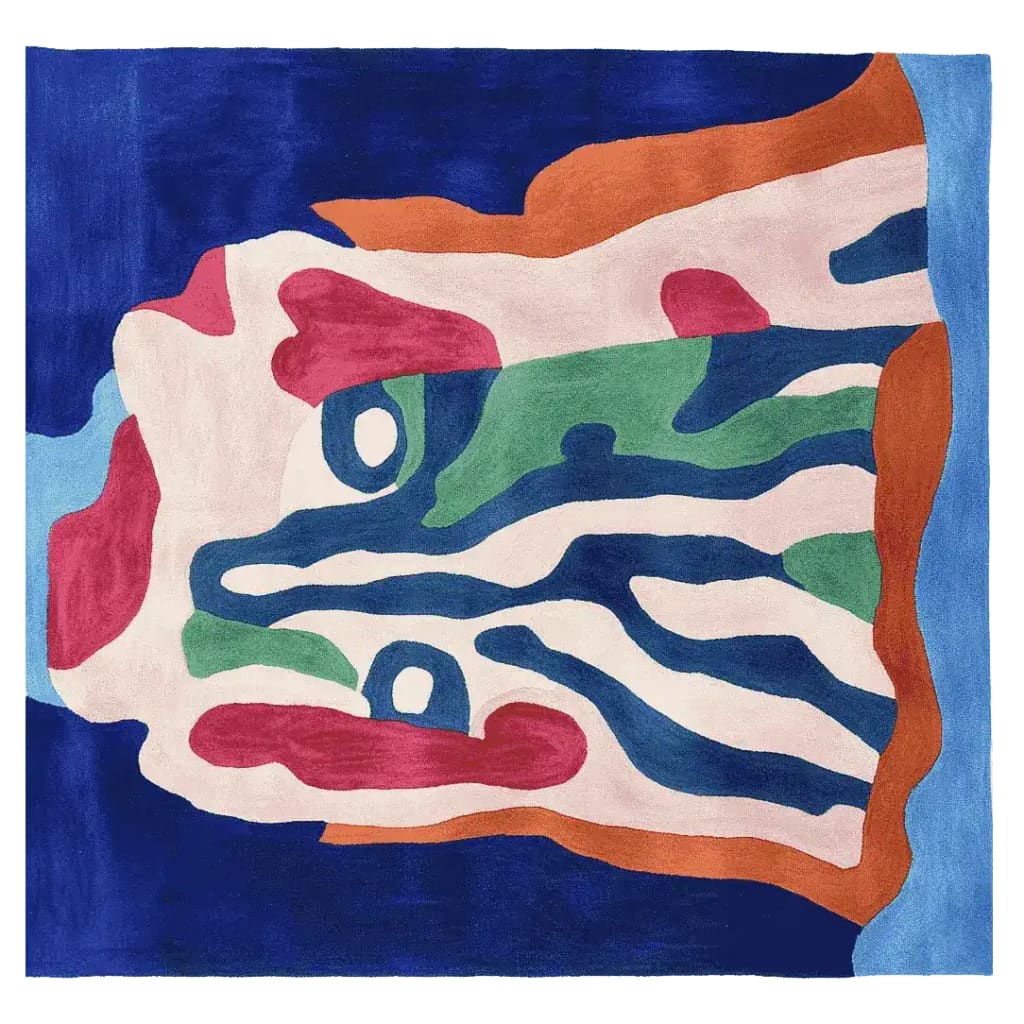 A vibrant, contemporary wool area rug featuring an abstract design resembling a melting face in bold colors. This square rug is perfect for adding a unique touch to any living room, combining artistic flair with comfort.