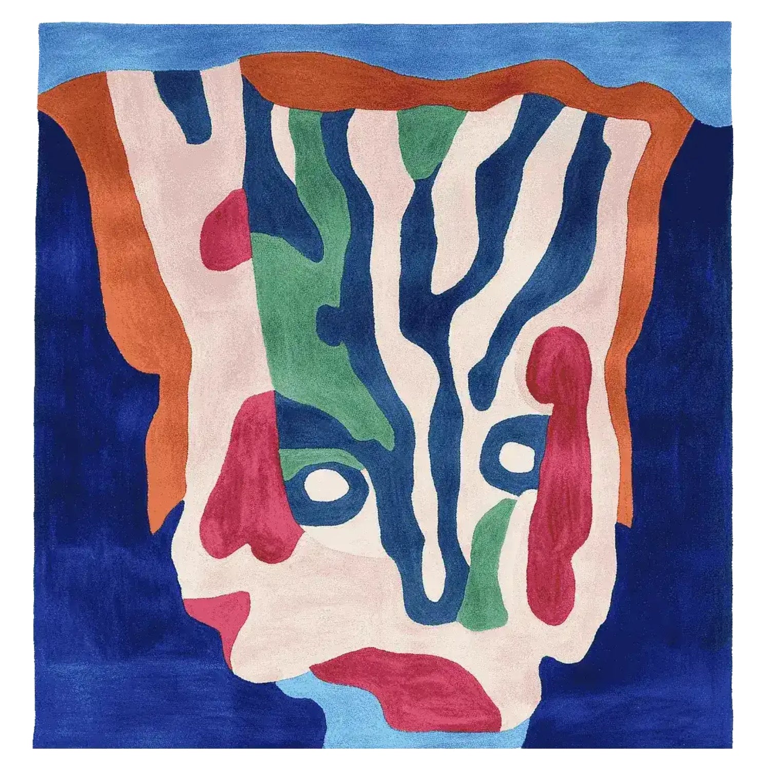 Colorful abstract rug on a patterned patio with chairs and plants