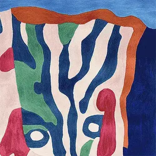 This vibrant area rug features a melting face design with bold abstract patterns in shades of blue, green, and red. The square area rug is perfect for adding a contemporary touch to your living room. Made from high-quality wool, this hand-tufted rug combines artistic flair and durability.