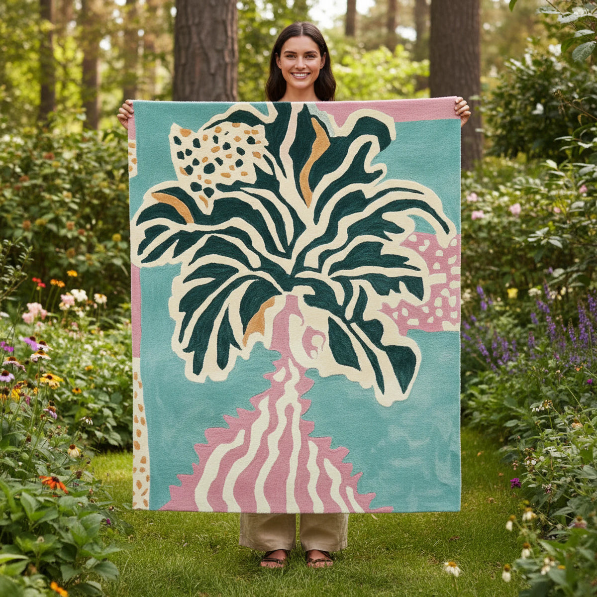 Woman holding a colorful abstract art piece in a garden setting
