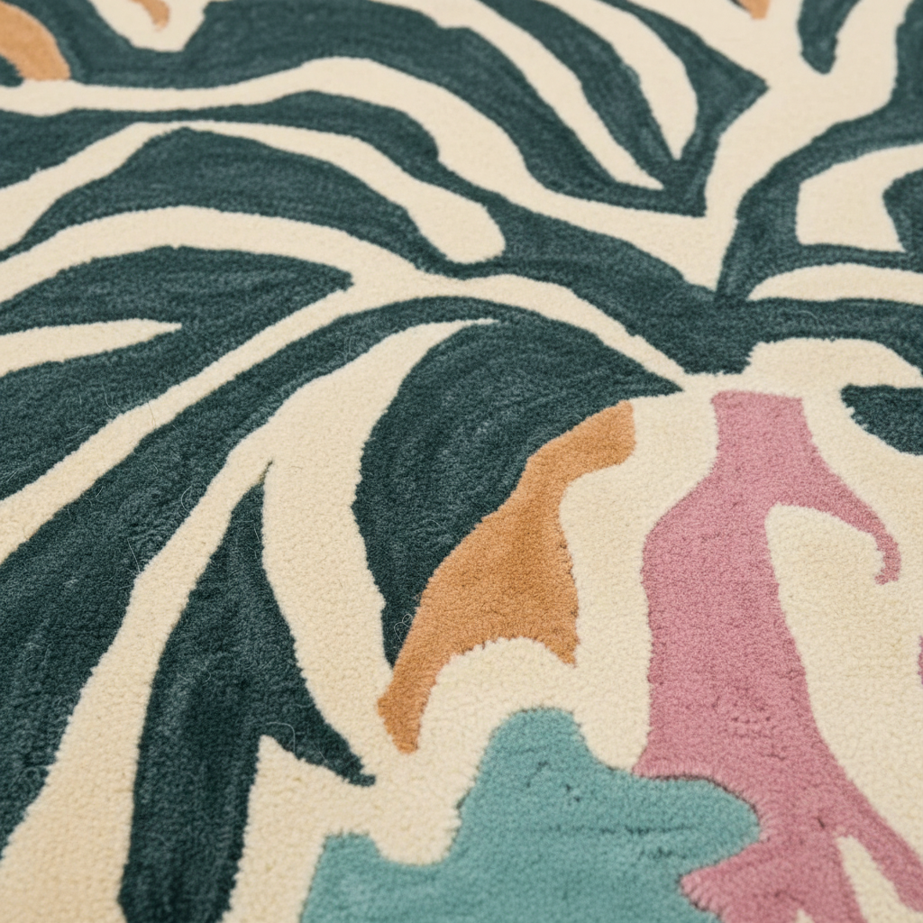 Close-up of a textured rug with leaf patterns in various colors.