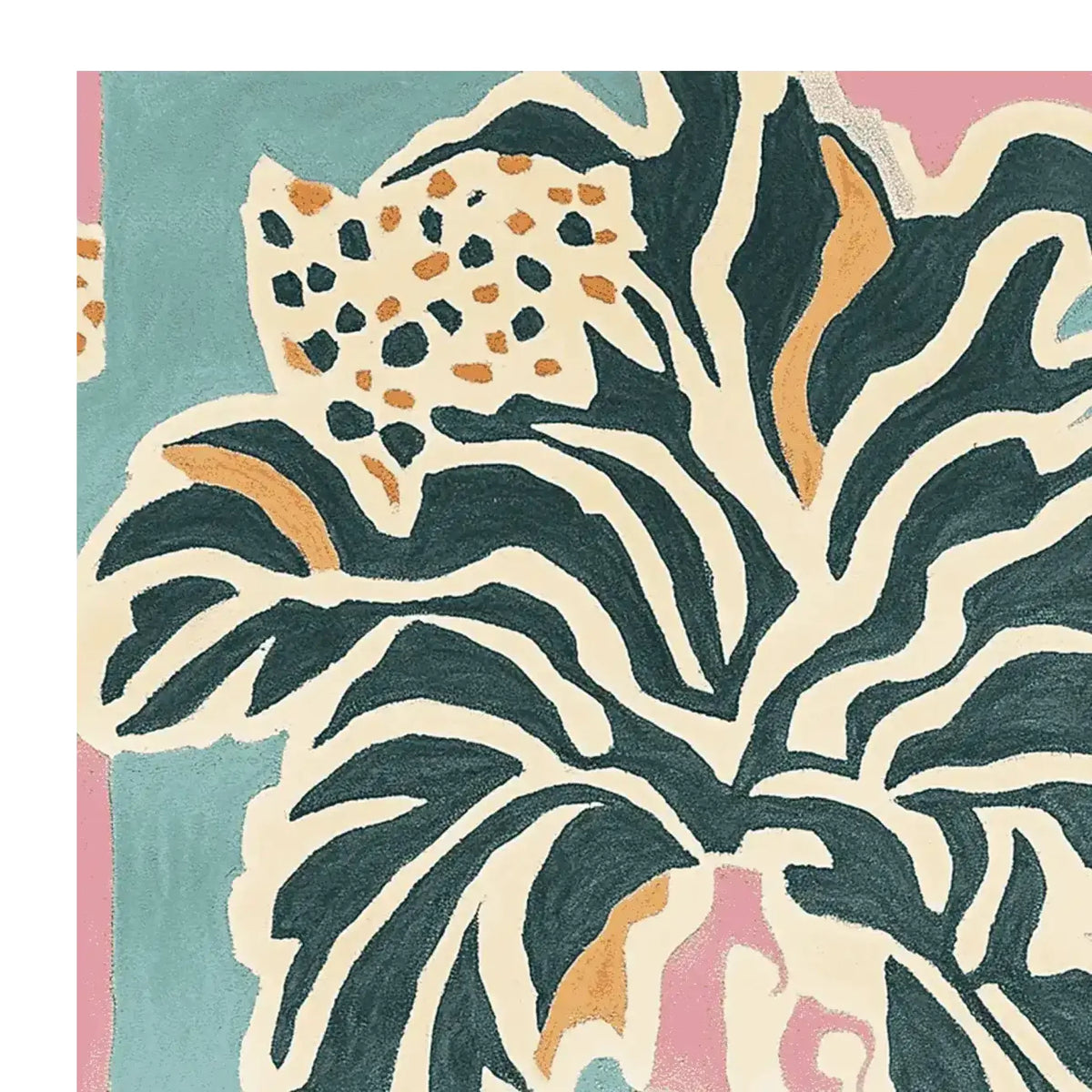 Close-up of the Melting Floral Cloud Hand Tufted Rug, showcasing an abstract floral pattern with bold, flowing lines in dark green, cream, and hints of pink and orange. This contemporary wool area rug is perfect for adding a stylish touch to living room spaces, particularly in an 8x10 size.