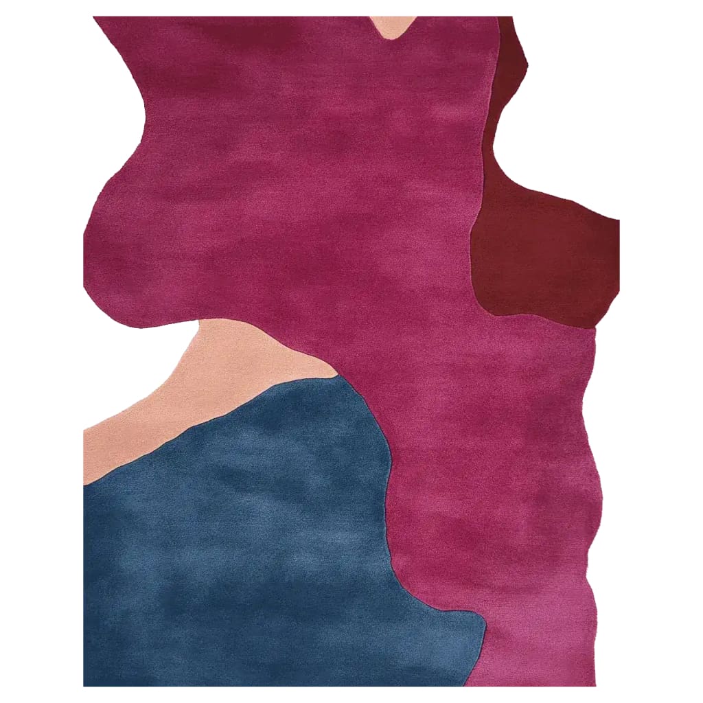 Top view of a Melting Form Hand Tufted Area Rug, showcasing its contemporary abstract design with flowing shapes in vibrant hues of maroon, blue, and beige. This wool rug, perfect for adding a touch of modern elegance to any living space, is ideal for large living rooms as a statement piece.