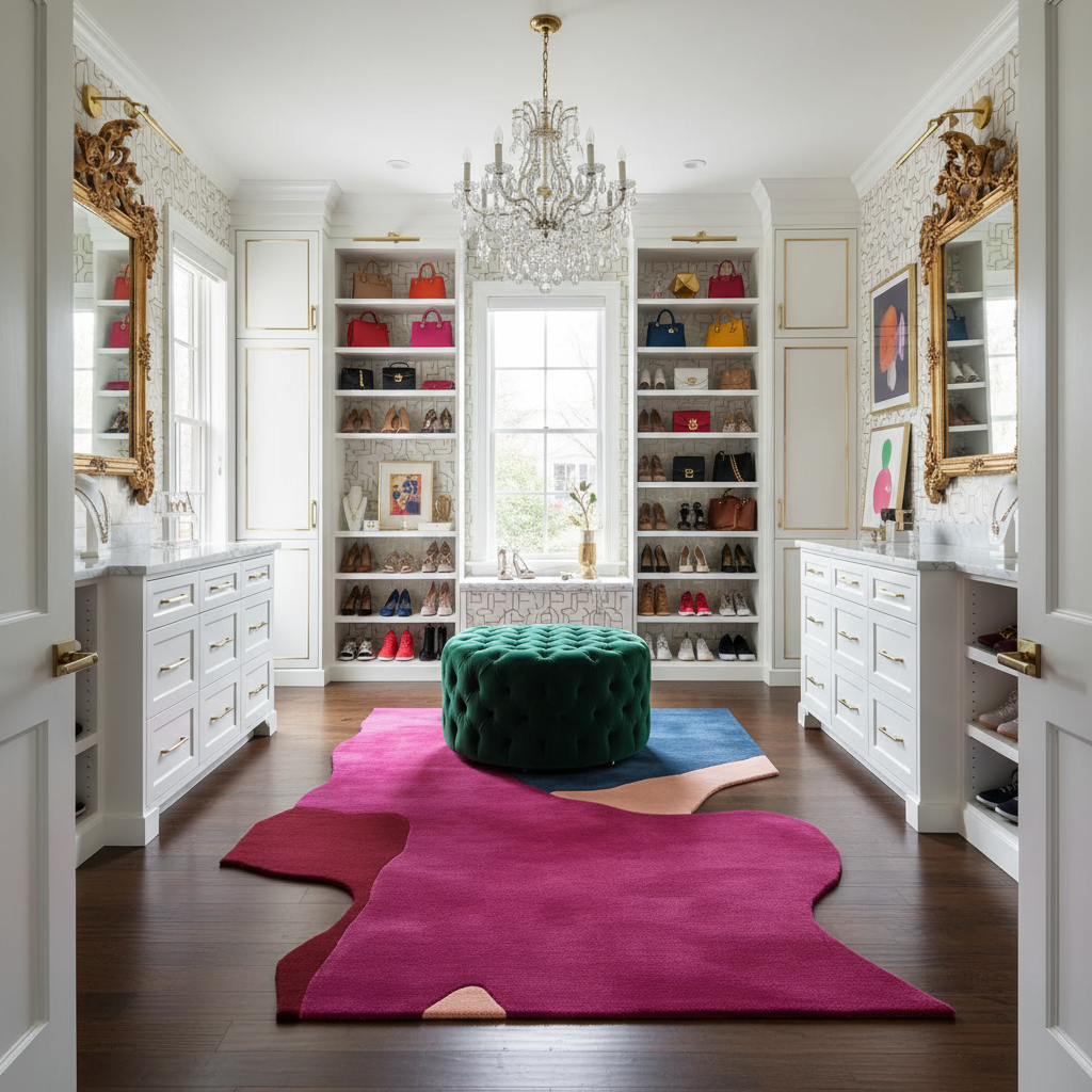 Luxurious room with a green ottoman on a pink rug, white shelves, and gold accents.