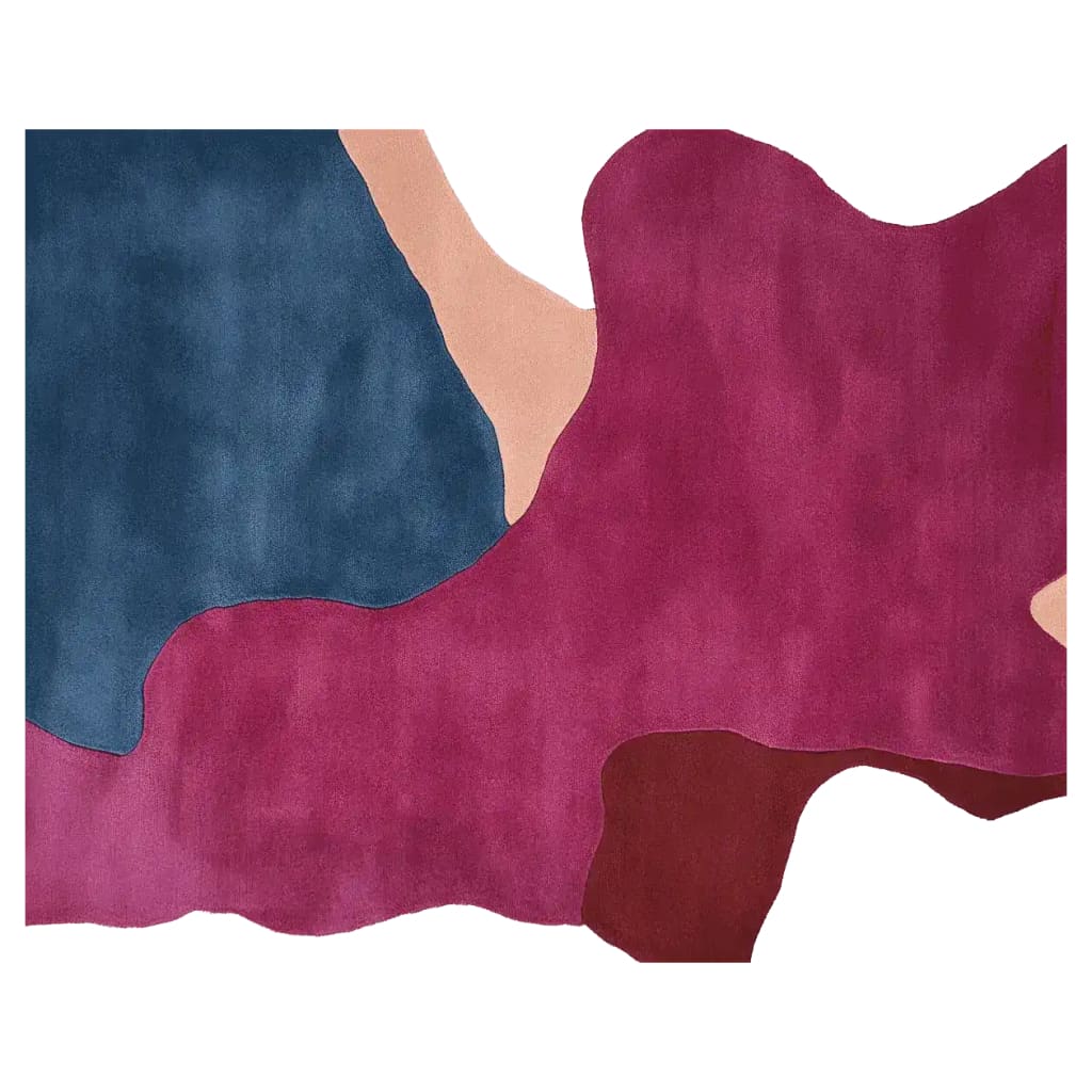 Contemporary area rug with an abstract design featuring rich colors in blue, pink, and beige tones, perfect for a modern living room. This wool rug, known as the Melting Form Hand Tufted Rug, presents a large, artistic pattern ideal for those seeking unique large living room rugs.