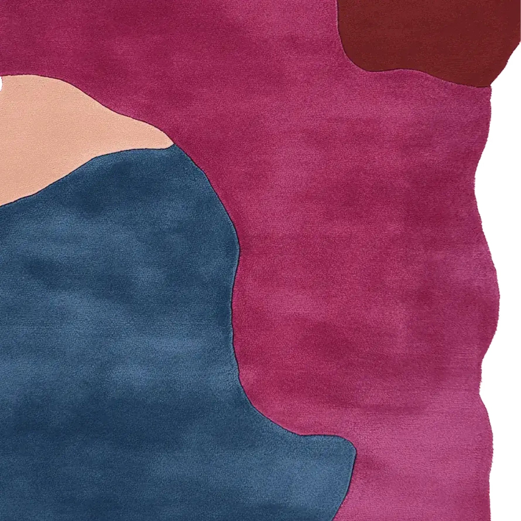 Top view of a vibrant, abstract Melting Form Hand Tufted Area Rug featuring bold colors like blue, pink, and brown. This contemporary wool rug is perfect for adding a splash of color to large living room spaces.