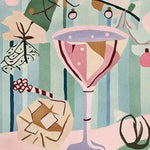 A vibrant, wool area rug featuring abstract festive designs with a focus on a cocktail glass and holiday ornaments, perfect for adding a splash of color to large living room spaces. Ideal for those looking for unique living room area rugs.