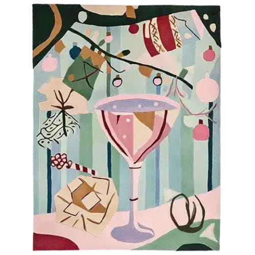The Merry Mix Sparkle Hand Tufted Rug is a vibrant area rug perfect for adding a pop of color to your living room. Featuring an abstract design with festive elements and a large cocktail glass, this wool rug is ideal for those seeking unique large living room rugs.