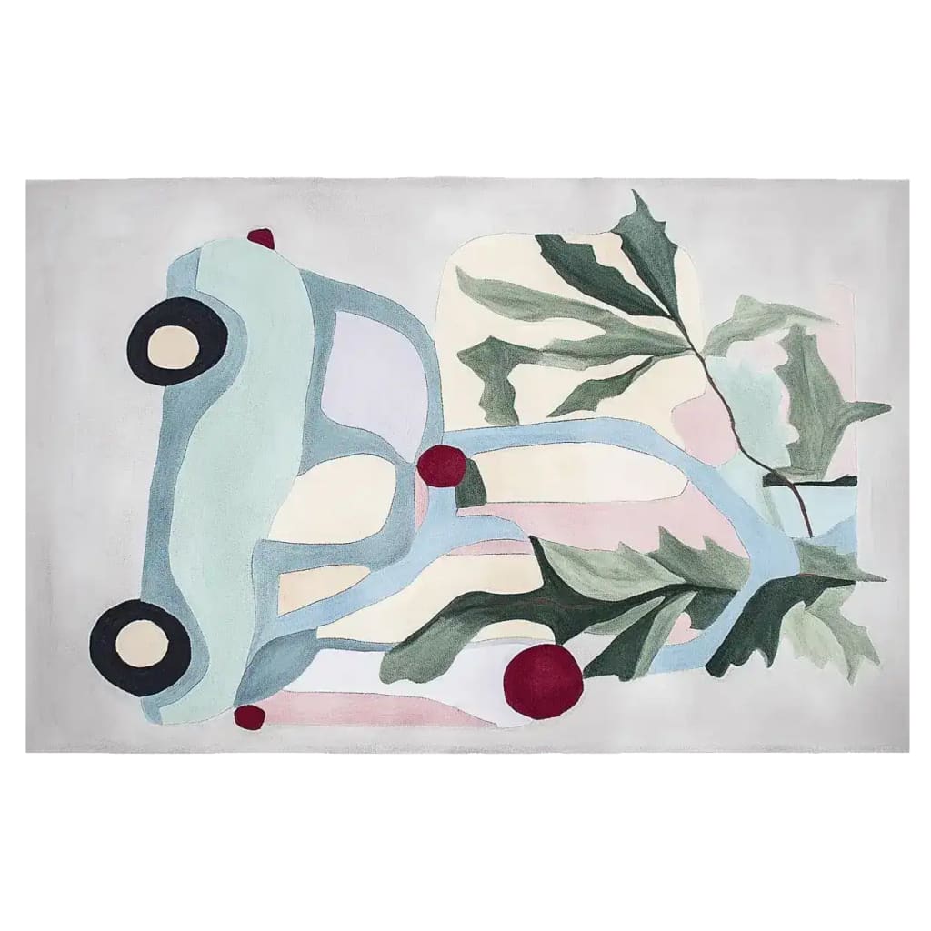 This vibrant area rug features a whimsical design with a playful abstract pattern, including a light blue car and lush green leaves, hand-tufted from high-quality wool. Perfect for adding a touch of charm to rugs for living rooms, this wool rug enhances any space with its artistic flair.