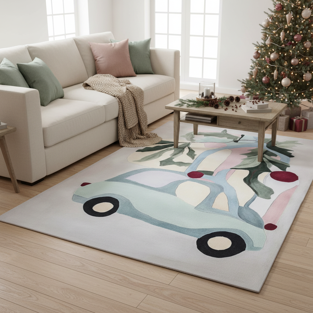 Living room with a colorful rug featuring a car design, beige sofa, and Christmas tree.
