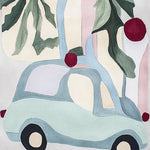 A vibrant hand-tufted wool rug featuring a whimsical design of a car surrounded by abstract shapes and leaves, perfect for adding a playful touch to your living room. This area rug combines soft pastel colors with bold red accents, making it an ideal choice for those seeking unique rugs for living room spaces.