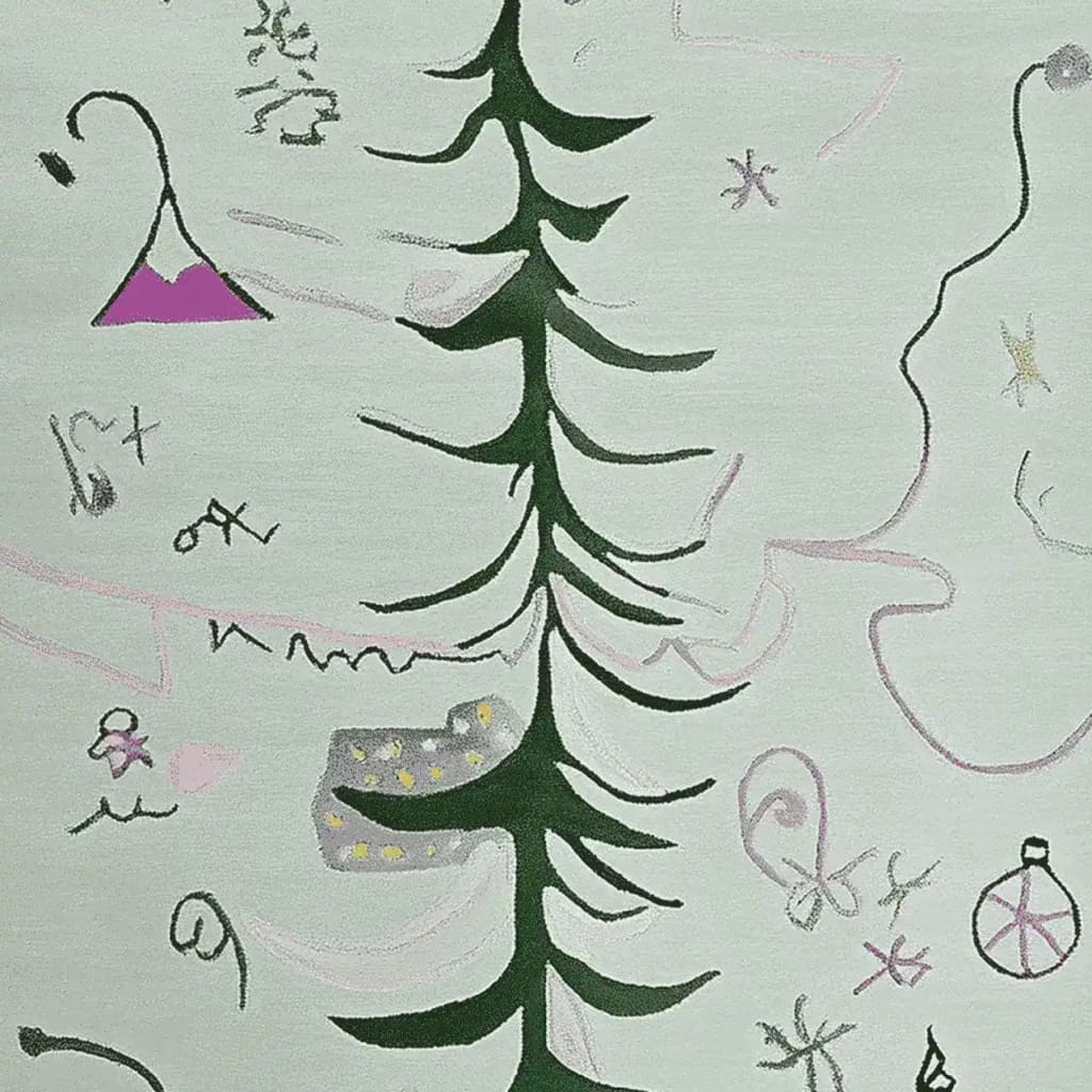 This hand-tufted area rug, perfect for living rooms, showcases a whimsical design featuring a central green tree motif with abstract accents. Crafted from wool, this 8x10 rug brings a touch of nature and creativity to your living space.