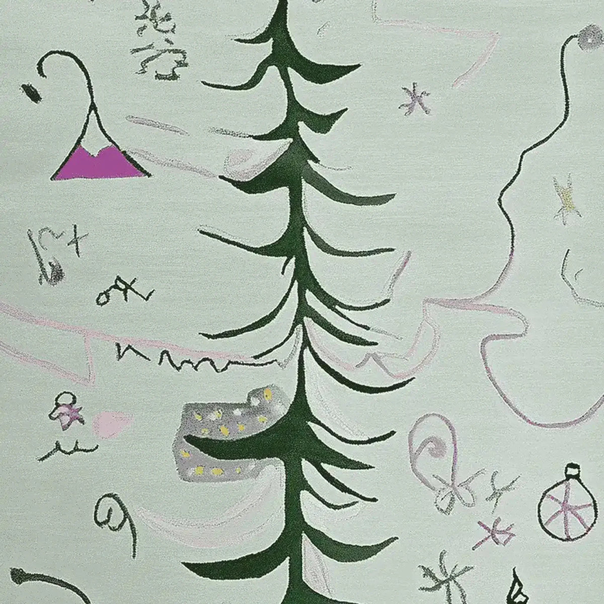 This hand-tufted area rug, perfect for living rooms, showcases a whimsical design featuring a central green tree motif with abstract accents. Crafted from wool, this 8x10 rug brings a touch of nature and creativity to your living space.