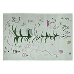 A vibrant hand-tufted wool rug featuring an abstract design with a central green tree motif. This area rug, perfect for a living room, measures 8x10 and showcases whimsical patterns in pink and purple. Ideal for adding a touch of artistry to your living room area rugs collection.