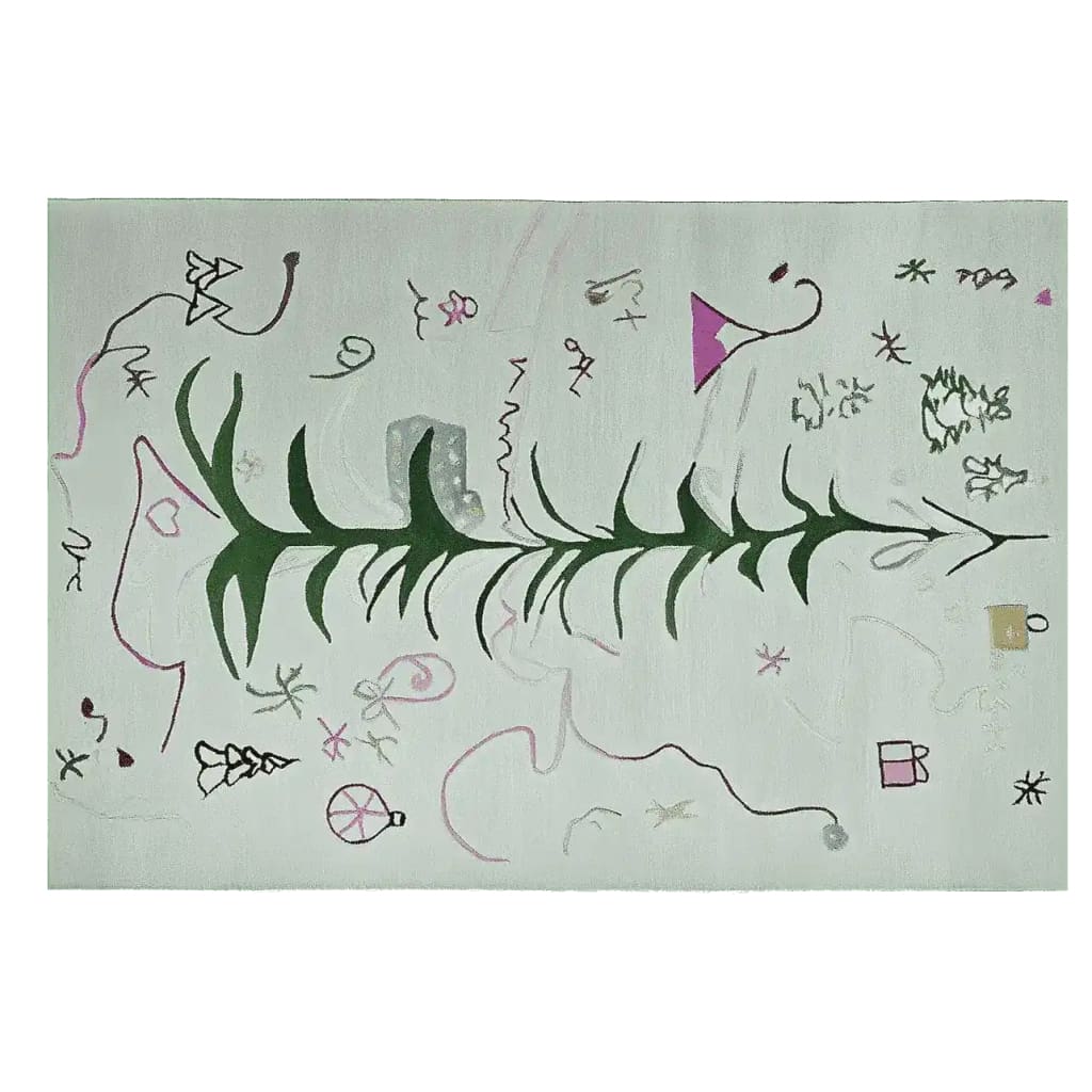 A vibrant hand-tufted wool rug featuring an abstract design with a central green tree motif. This area rug, perfect for a living room, measures 8x10 and showcases whimsical patterns in pink and purple. Ideal for adding a touch of artistry to your living room area rugs collection.