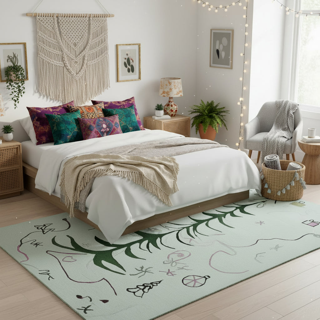 A vibrant hand-tufted wool rug featuring an abstract design with a central green tree motif. This area rug, perfect for a living room, measures 8x10 and showcases whimsical patterns in pink and purple. Ideal for adding a touch of artistry to your living room area rugs collection.