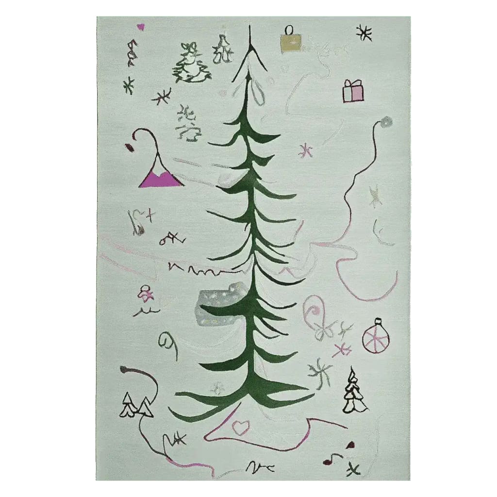 A beautifully hand-tufted area rug featuring an abstract Christmas tree design, perfect for bringing a festive touch to your living room. This wool rug, measuring 8x10, showcases a whimsical pattern with playful holiday motifs, ideal for cozy living room area rugs.