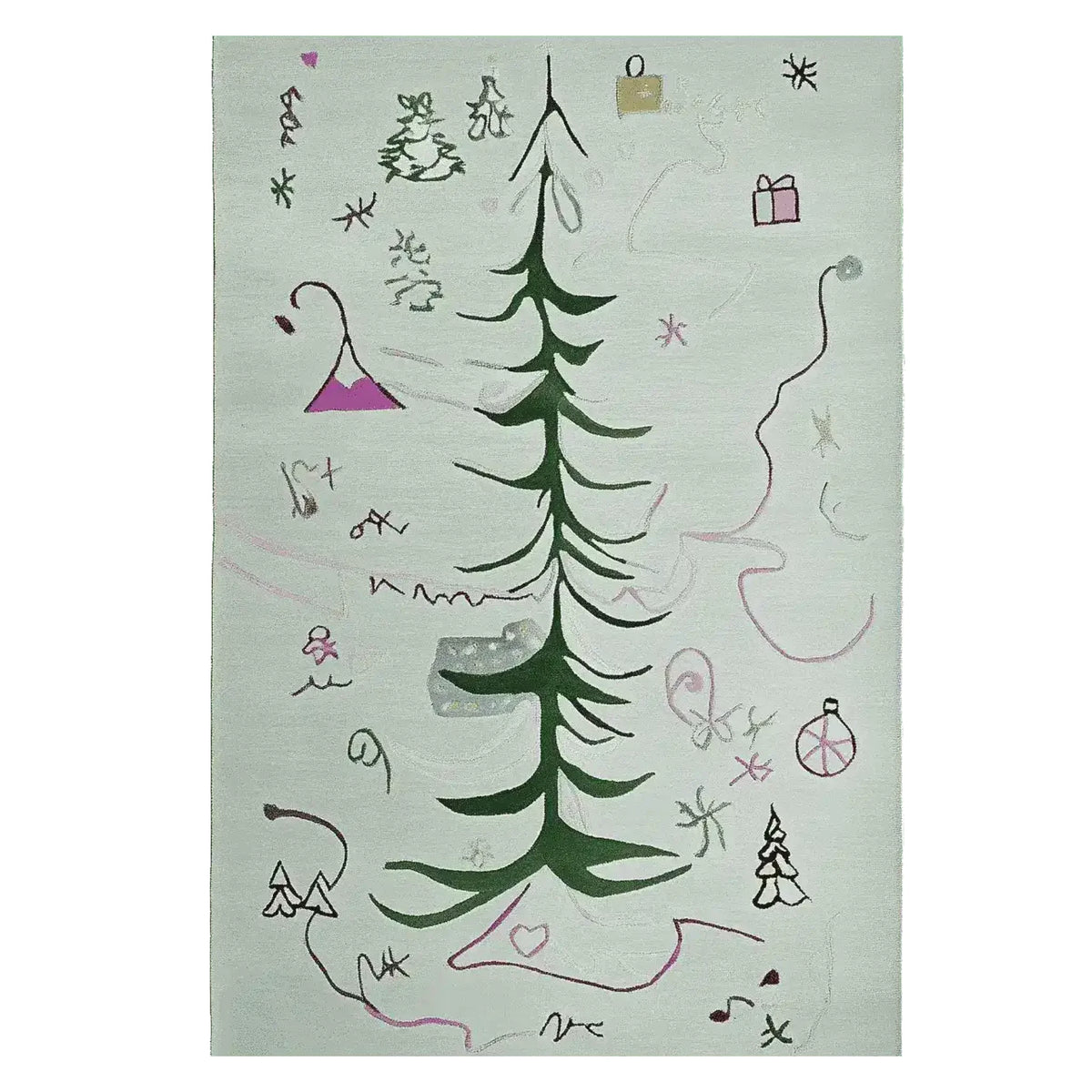 A beautifully hand-tufted area rug featuring an abstract Christmas tree design, perfect for bringing a festive touch to your living room. This wool rug, measuring 8x10, showcases a whimsical pattern with playful holiday motifs, ideal for cozy living room area rugs.