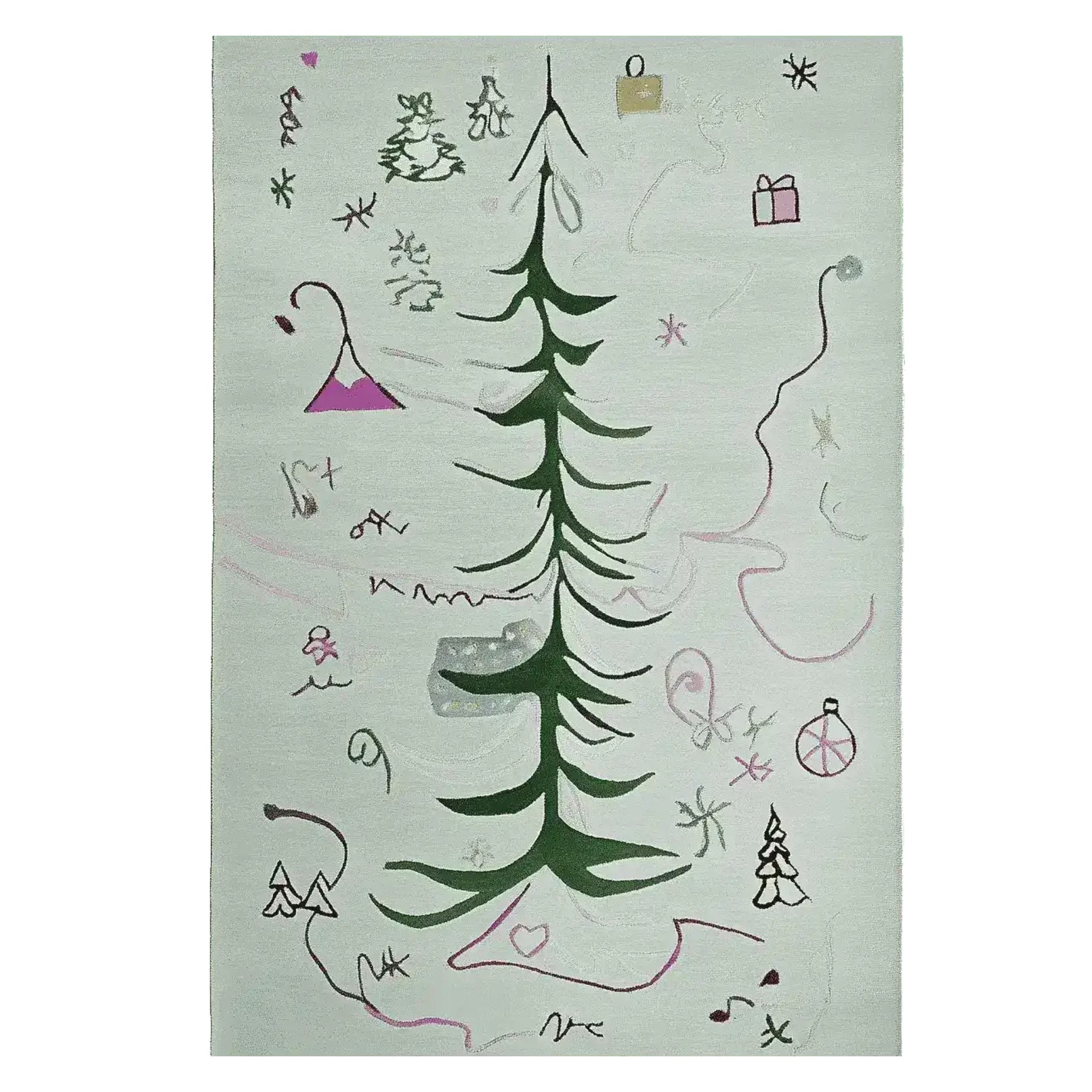 A beautifully hand-tufted area rug featuring an abstract Christmas tree design, perfect for bringing a festive touch to your living room. This wool rug, measuring 8x10, showcases a whimsical pattern with playful holiday motifs, ideal for cozy living room area rugs.