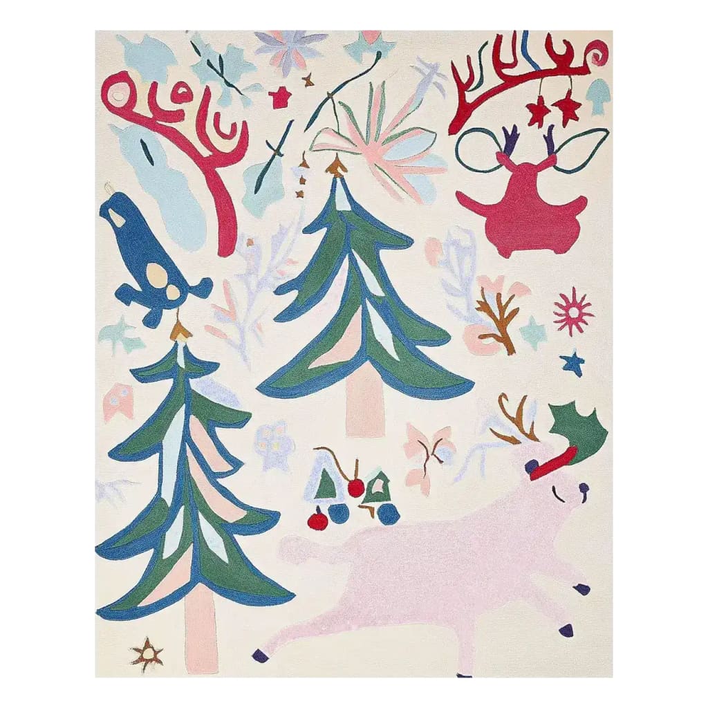 Vibrant Merry Wonderland hand-tufted area rug featuring whimsical Christmas designs, perfect for adding festive charm to living room area rugs. Made from high-quality wool, this area rug showcases playful illustrations including trees and reindeer, ideal for cozy living room settings.