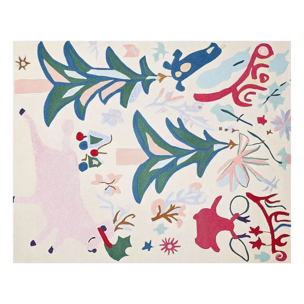 Top view of the Merry Wonderland Hand Tufted Area Rug, featuring a whimsical design with abstract shapes and vibrant colors. This wool rug is perfect for adding a playful touch to living room area rugs, ideal for those seeking unique area rugs for living room spaces.